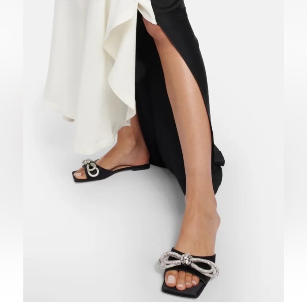 MACH & MACH Black Crystal Double Bow Embellished Satin Sandals EU40.5 US 10.5